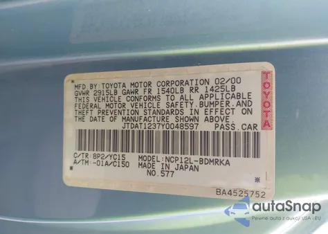 2000 Toyota Echo из США, поврежденный, VIN JTDAT1237Y0048597